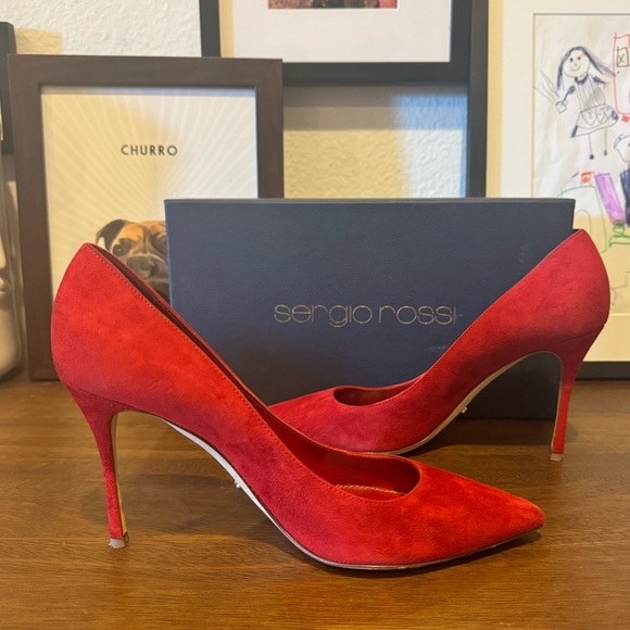 SERGIO ROSSI EUC Godiva Suede Pointed Toe Pumps Heels BB Royal Mary Red 38.5 - Picture 4 of 11
